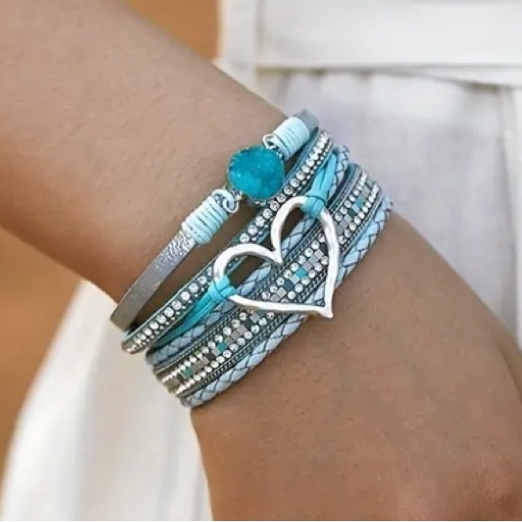 Light Blue Leather Multi Layer Heart Crystal Druzy Magnetic Bracelet - Picture 3 of 3